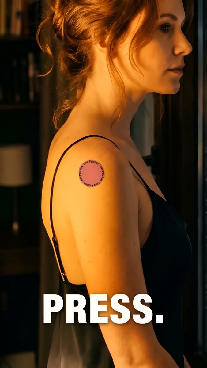 A woman in a black strap top seen in profile, warm lamplight on her shoulder, a circular patch on her upper arm, a dark bookcase behind her, and the word PRESS set large in heavy white type across the lower frame